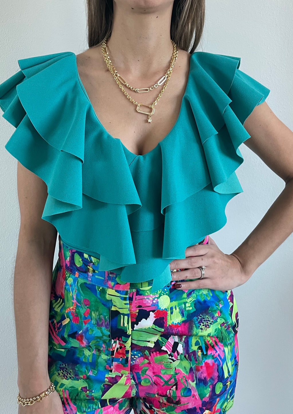 Ruffle Teal V Neck Top