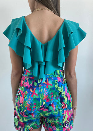 Ruffle Teal V Neck Top