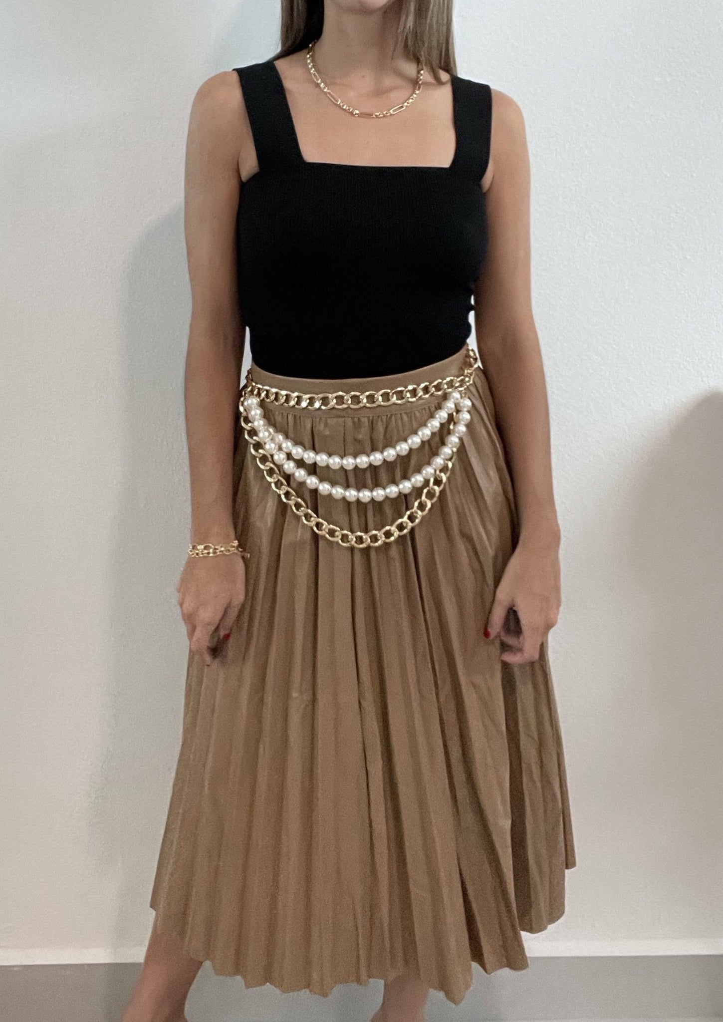 Leather Pleated Midi Skirt