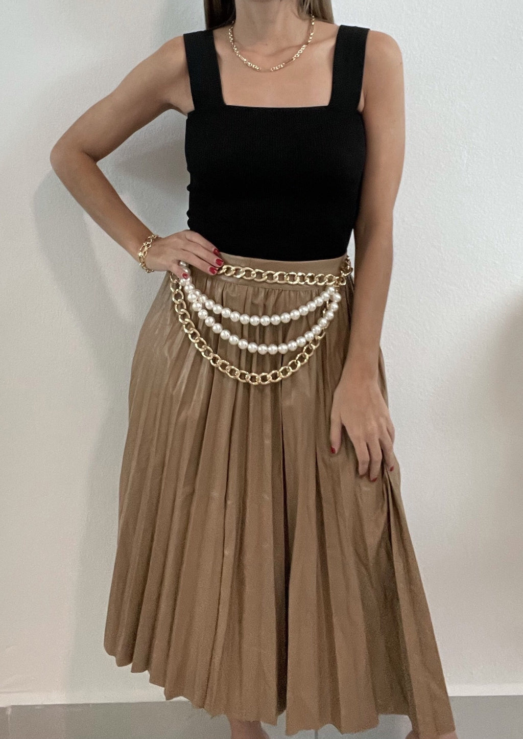 Leather Pleated Midi Skirt